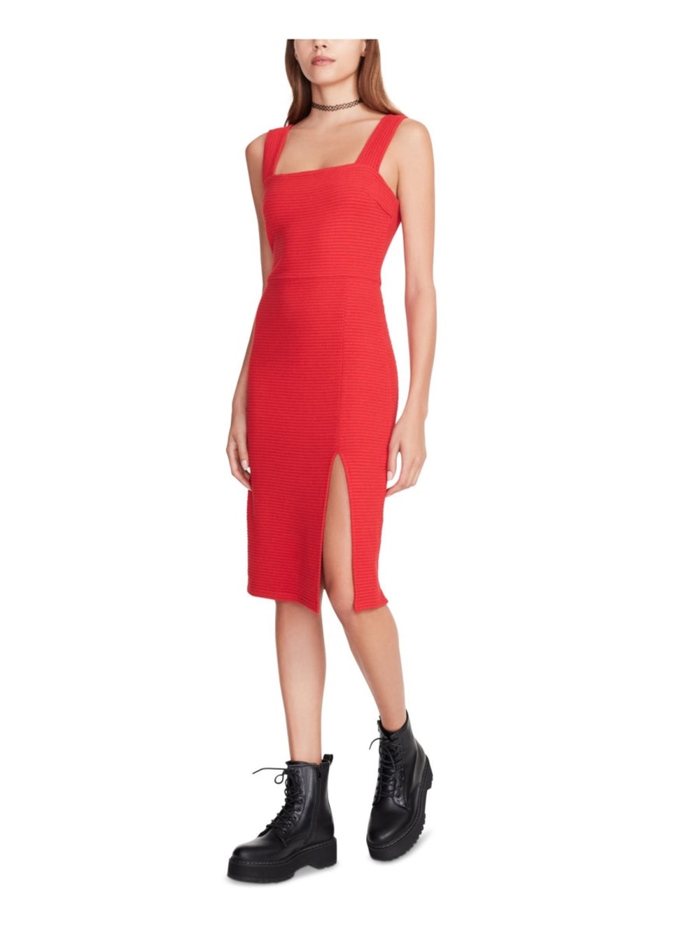 BETSEY JOHNSON Lychee Red Ribbed Knit Sleeveless Square Neck Midi Dres M size